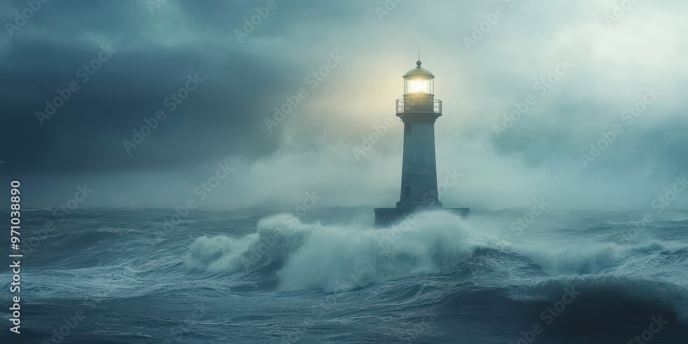 A dramatic lighthouse stands strong against turbulent waves, illuminating the stormy sea under an atmospheric, moody sky. A dramatic lighthouse stands strong against turbulent waves, illuminating the stormy sea under an atmospheric, moody sky.