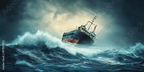 A dramatic ship battling towering waves under a stormy sky, capturing the essence of struggle and resilience at sea.