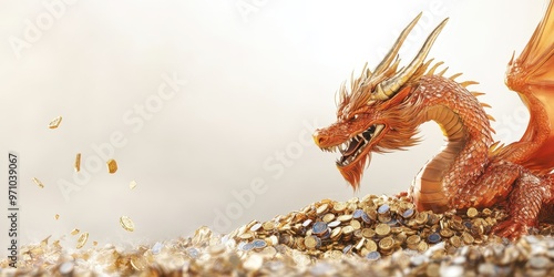 A fierce red dragon guarding a pile of shimmering gold coins, embodying the mythical allure of treasure and fantasy. photo