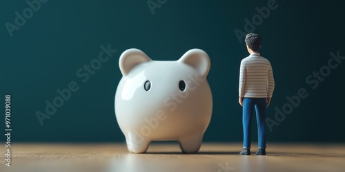 A figurine stands before a large piggy bank, symbolizing savings, financial growth, and the importance of smart money management. photo