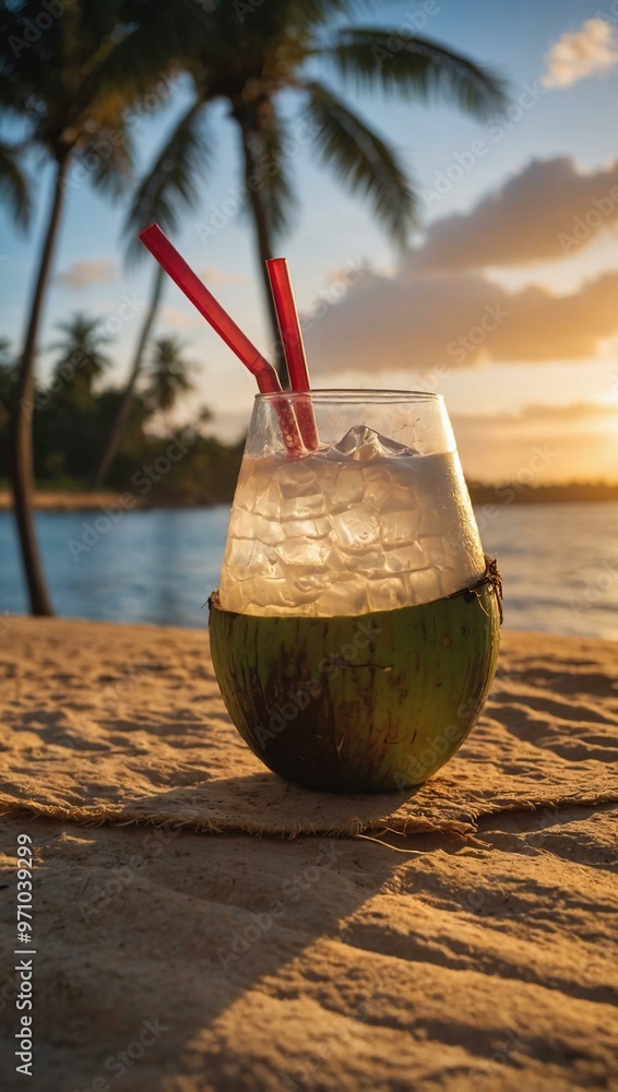 Coconut drink at sunset with palm trees and ocean. Coconut drink at sunset with palm trees and ocean.