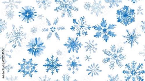 Seamless Christmas pattern featuring snowflakes in light blue on a white background