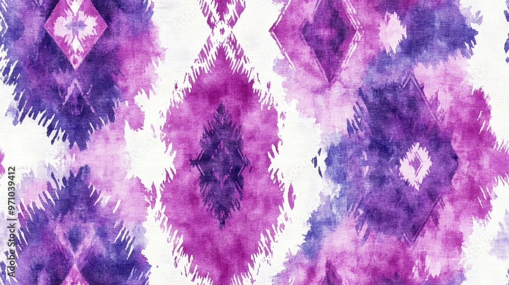Purple Seamless Batik with Ikat Design White Tie Dye Background Ikat Geometric Pattern Watercolor Artwork Colorful Seamless Motif Boho Style Rug