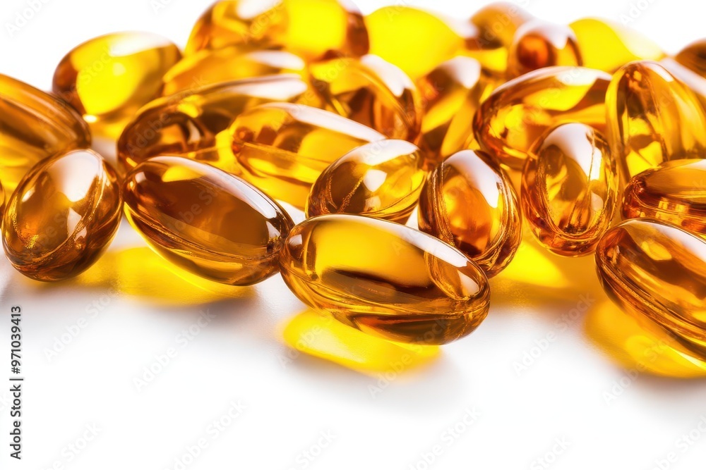 A close-up view of golden capsules, illustrating natural supplements or vitamins. with isolated on white background A close-up view of golden capsules, illustrating natural supplements or vitamins. with isolated on white background
