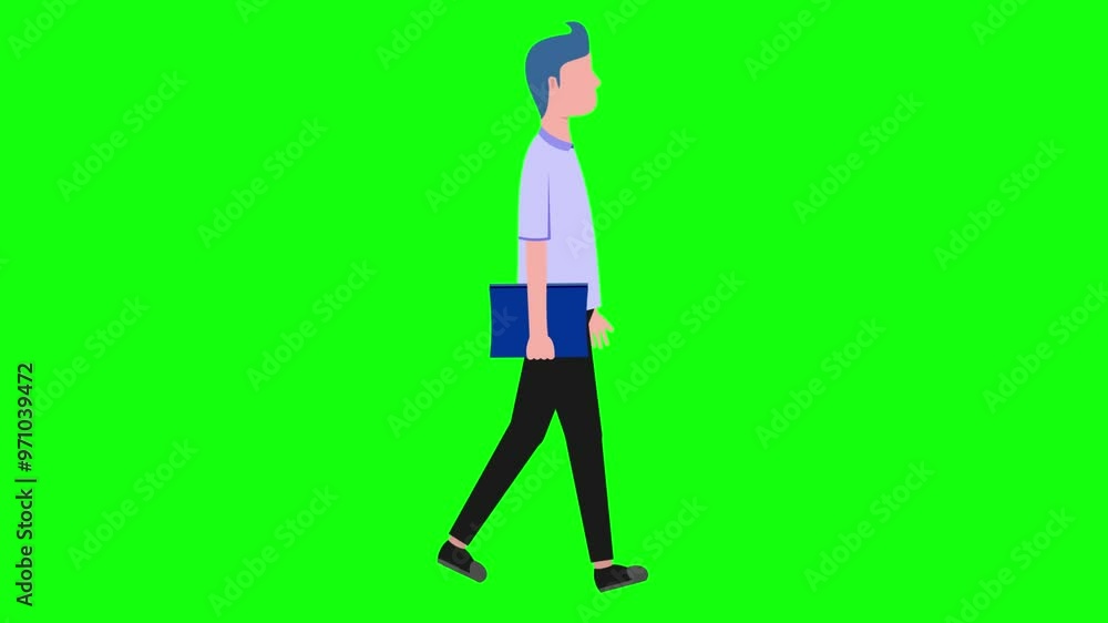 Animation of a male character walking carrying a book with a greenscreen Animation of a male character walking carrying a book with a greenscreen