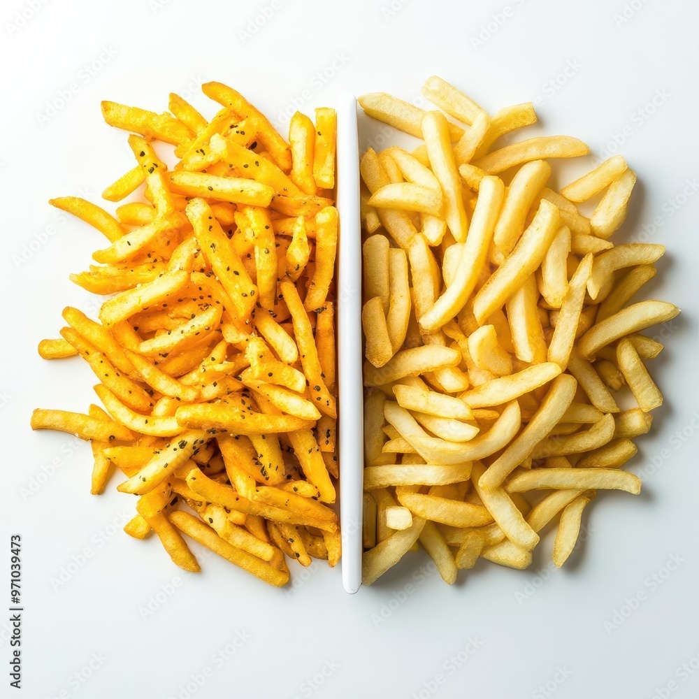 A divided plate featuring two styles of French fries, one seasoned and one plain, with isolated on white background A divided plate featuring two styles of French fries, one seasoned and one plain, with isolated on white background