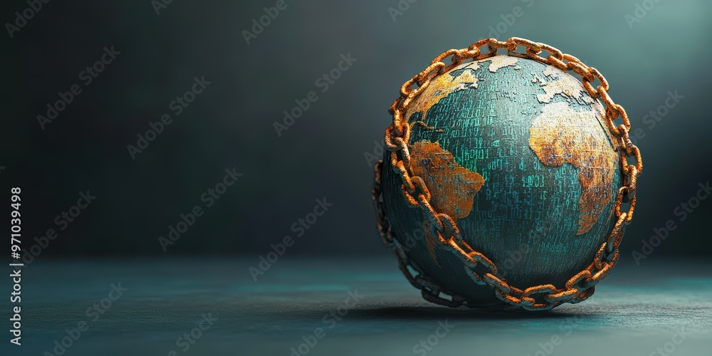 A globe wrapped in chains symbolizes global challenges and issues such as confinement, restriction, and environmental concerns. A globe wrapped in chains symbolizes global challenges and issues such as confinement, restriction, and environmental concerns.