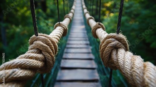 Close-up of a taut rope suspended across a bridge symbolizing stability and connection with rich texture and focus on natural elements