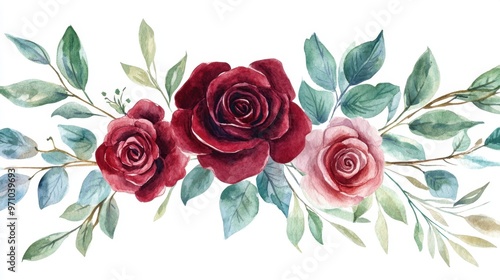 Fototapeta Naklejka Na Ścianę i Meble -  Botanical watercolor illustration of red and burgundy roses paired with green leaves and branches isolated on a clean white background