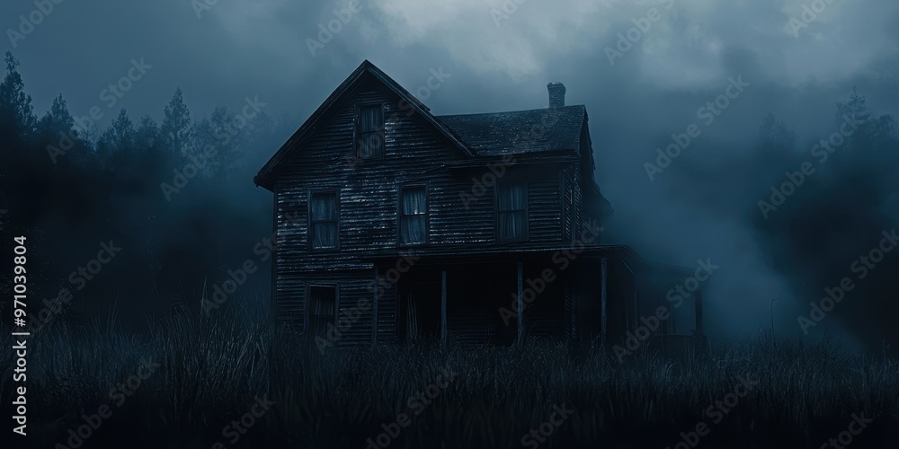 Obraz premium A haunting scene of an old, abandoned house shrouded in mist, evoking mystery and eerie atmosphere in a dark environment.