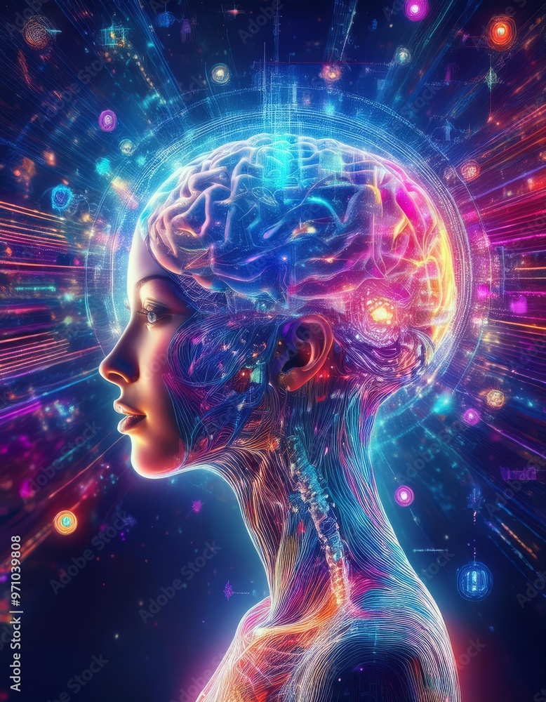 Glowing Brain Surrounded by Holographic Medical Data Glowing Brain Surrounded by Holographic Medical Data