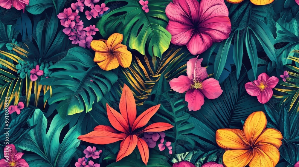 Flourishing jungle Vibrant illustration Continuous exotic design featuring various tropical blooms Flourishing jungle Vibrant illustration Continuous exotic design featuring various tropical blooms