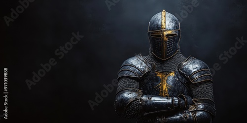 A knight in shining armor stands stoically, embodying strength and bravery against a dark, moody background.