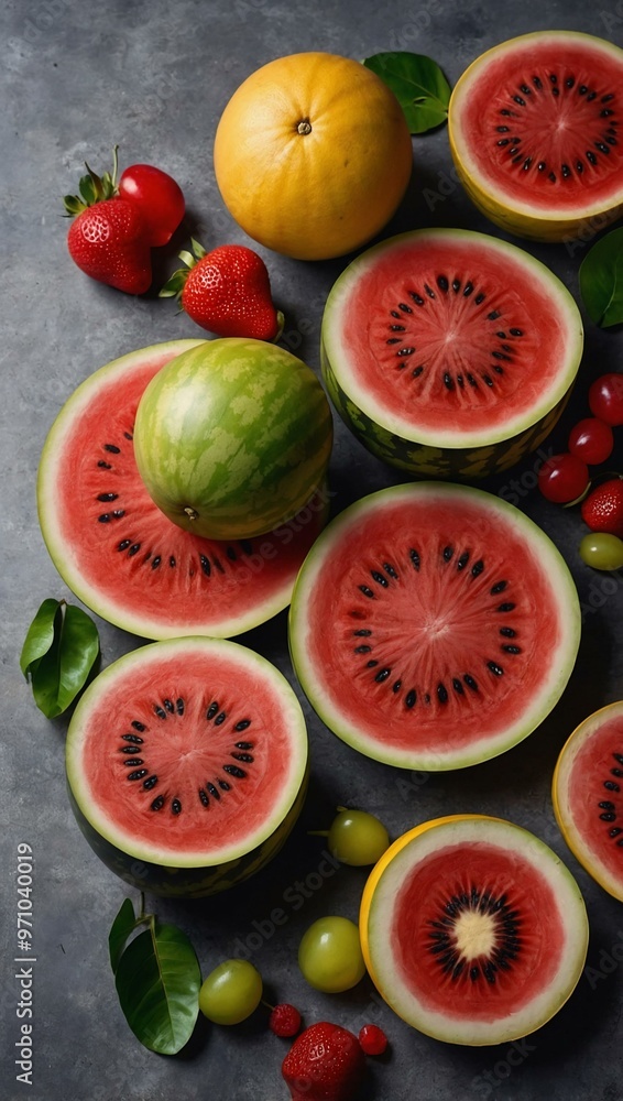 Colorful fresh fruits like watermelon and star fruit, perfect for summer. Colorful fresh fruits like watermelon and star fruit, perfect for summer.