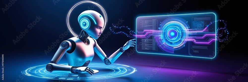 A 3D-rendered robot performing calculations on a holographic screen, emphasizing the power of AI and machine learning in solving complex problems. Made with generative AI technology A 3D-rendered robot performing calculations on a holographic screen, emphasizing the power of AI and machine learning in solving complex problems. Made with generative AI technology