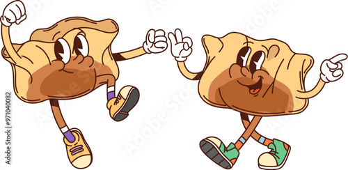 Cartoon groovy Korean mandu characters. Isolated vector two Asian dumpling food personages with expressive faces showcasing fun and playful vibe, one raising a fist and the other making an ok sign