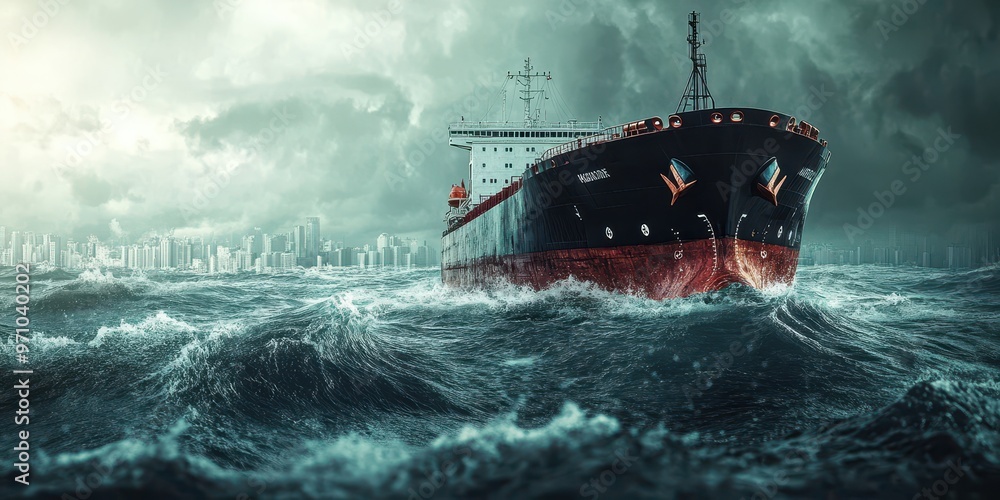 Fototapeta premium A majestic ship navigates through turbulent waters under a dramatic sky, symbolizing adventure and resilience at sea.
