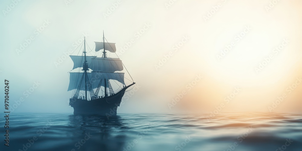 Obraz premium A majestic ship sailing through misty waters at sunset, evoking a sense of adventure and tranquility.