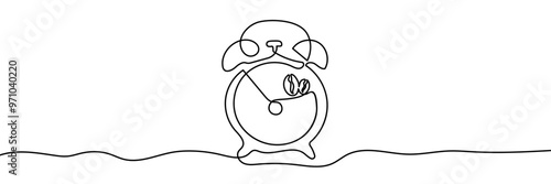 Continuous line drawing of Coffee beans with manual alarm clock. Coffee time. Break time, good morning, drinks menu design concept.