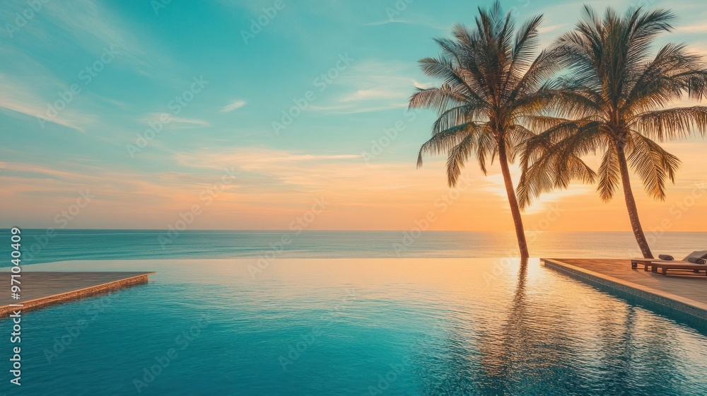 A serene infinity pool overlooking a tropical beach at sunset, with palm trees swaying gently in the breeze A serene infinity pool overlooking a tropical beach at sunset, with palm trees swaying gently in the breeze