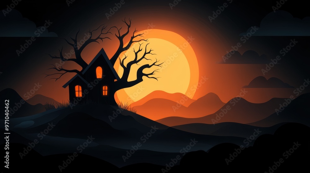 A spooky silhouette of a haunted house at sunset, with an eerie tree and mountains in the background, perfect for Halloween themes. A spooky silhouette of a haunted house at sunset, with an eerie tree and mountains in the background, perfect for Halloween themes.