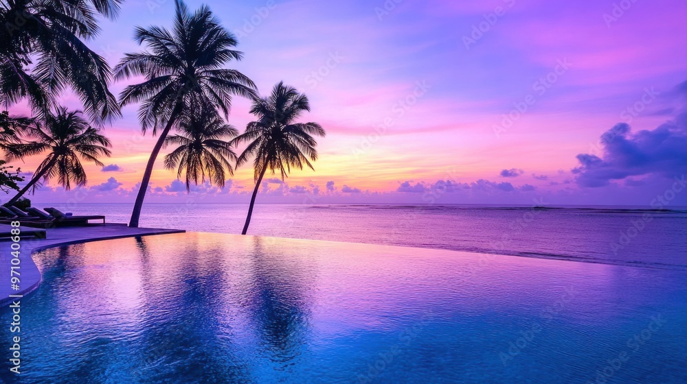 A serene infinity pool overlooking a tropical beach at sunset, with palm trees swaying gently in the breeze A serene infinity pool overlooking a tropical beach at sunset, with palm trees swaying gently in the breeze