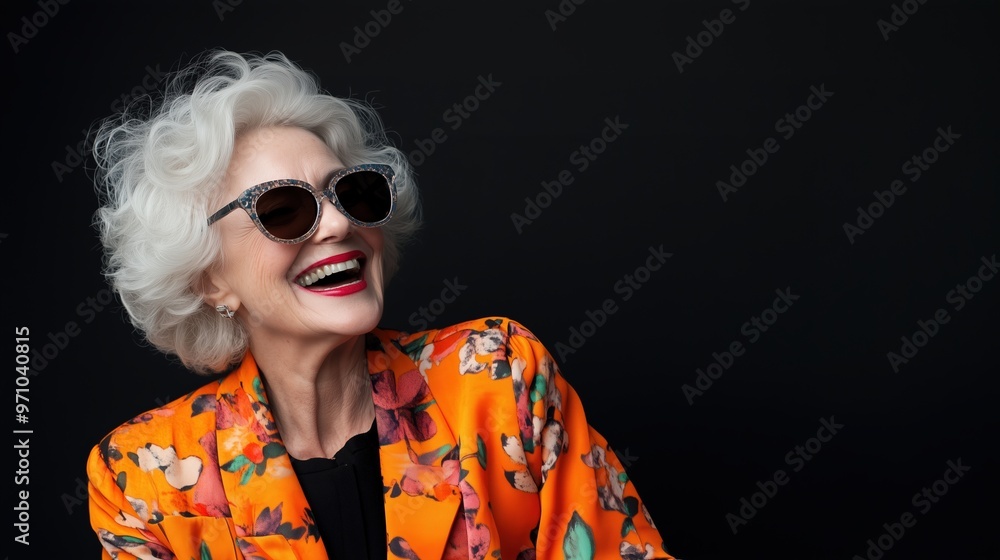 Obraz premium Joyful senior woman in vibrant orange outfit with sunglasses for spring fashion