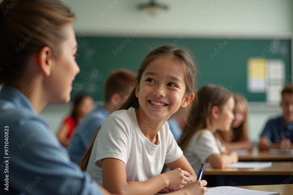 Fototapeta premium a girl sitting in front of a classroom with other students