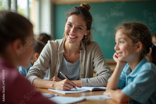 a girl sits at a desk with her teacher and her teacher