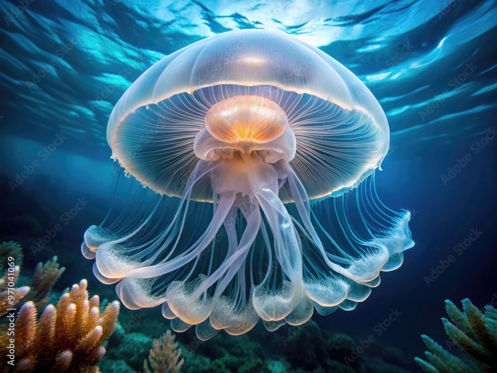 Delicate, translucent oral arms of a jellyfish radiate from its bell-shaped body, capturing small prey in a mesmerizing, ethereal dance beneath the ocean's surface. Delicate, translucent oral arms of a jellyfish radiate from its bell-shaped body, capturing small prey in a mesmerizing, ethereal dance beneath the ocean's surface.