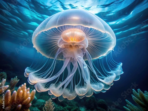 Delicate, translucent oral arms of a jellyfish radiate from its bell-shaped body, capturing small prey in a mesmerizing, ethereal dance beneath the ocean's surface. photo