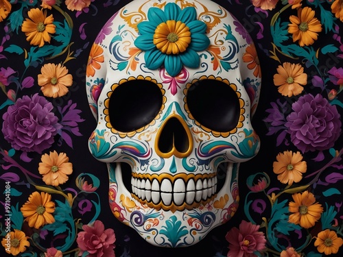 Colorful Sugar Skull Illustration with Flowers and Ornate Details