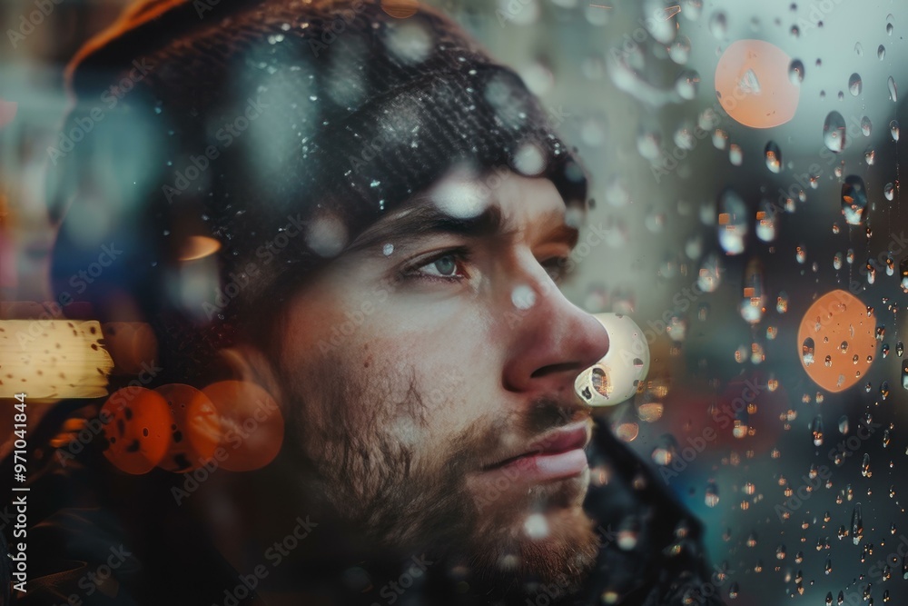 Young man with a beard and beanie looking through a window on a rainy night feeling sad Young man with a beard and beanie looking through a window on a rainy night feeling sad