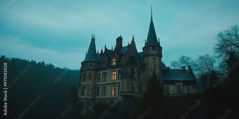 Fototapeta premium A serene castle shrouded in twilight, surrounded by enchanting greenery and an air of mystery, perfect for storytelling and fantasy themes.