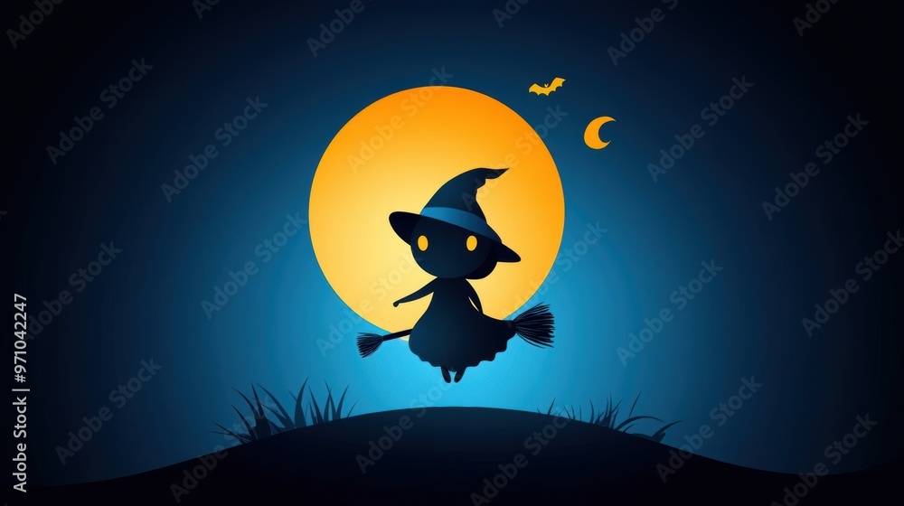 Fototapeta premium A whimsical witch flying on a broomstick against a glowing full moon, perfect for Halloween-themed designs.