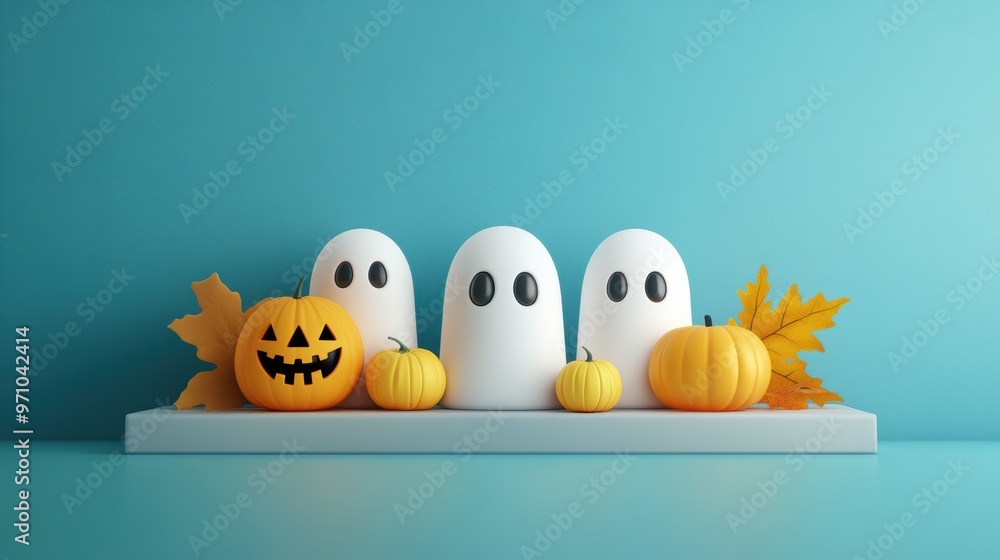 Obraz premium Charming Halloween display featuring playful ghost decorations and vibrant pumpkins on a clean blue background.