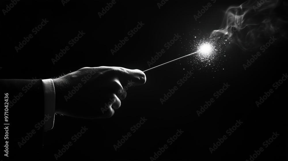 Naklejka premium Magical hand performing illusion with wand in high contrast scene