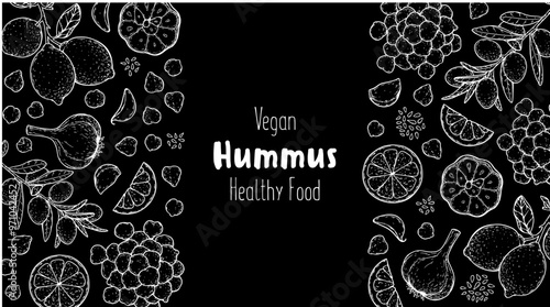Hummus packaging design template. Cooking and ingredients for hummus. Sketch illustration. Middle eastern cuisine frame. Healthy food recipe, design elements. Hand drawn, package design