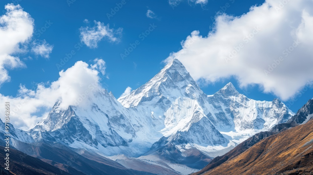 Majestic snow-capped mountain peaks under blue skies