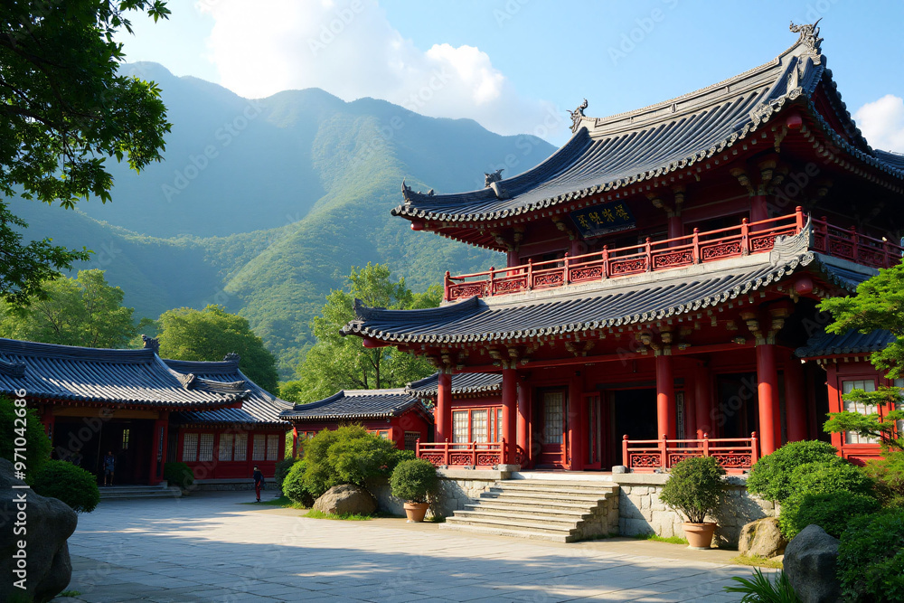 a building with a red roof and a mountain in the background a building with a red roof and a mountain in the background