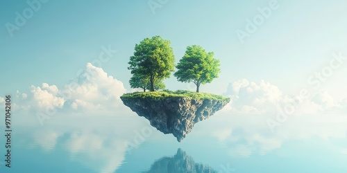 A serene landscape featuring two trees on a floating island under a clear sky, symbolizing peace and tranquility.