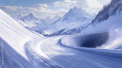 High-Speed Bobsled Track Winding Through Snowy Mountains in a Majestic Winter Alpine Landscape