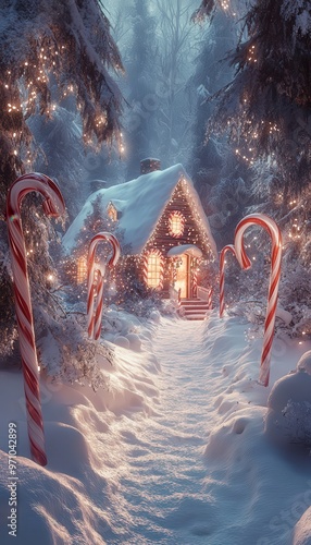 Magical Snowy Cottage Surrounded by Candy Canes in an Enchanted Forest with Festive Christmas Lights