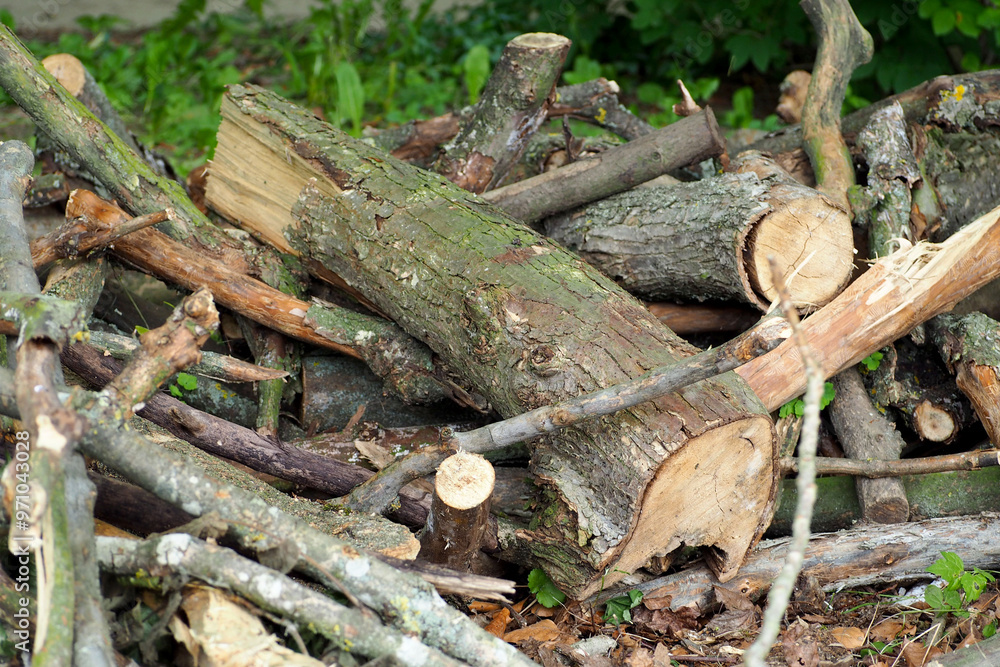 close up of thin and thick logs of branches and tree trunks lie against the background of a forest. side view. nature close up of thin and thick logs of branches and tree trunks lie against the background of a forest. side view. nature
