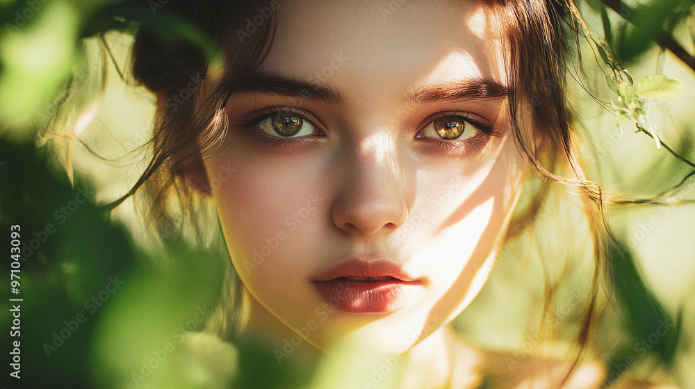 Young beautiful woman, girl with light clear skin and brown eyes in spring park in sunny day among green trees. Natural female beauty Cropped portrait