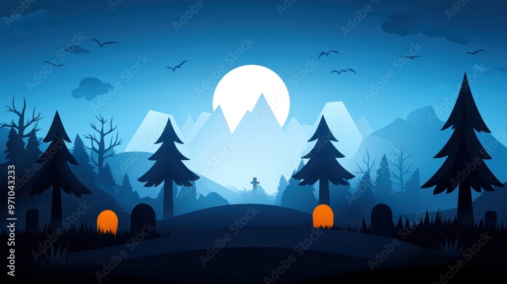 Mysterious landscape featuring mountains, trees, and a full moon with a dark blue atmosphere, perfect for spooky themes. Mysterious landscape featuring mountains, trees, and a full moon with a dark blue atmosphere, perfect for spooky themes.