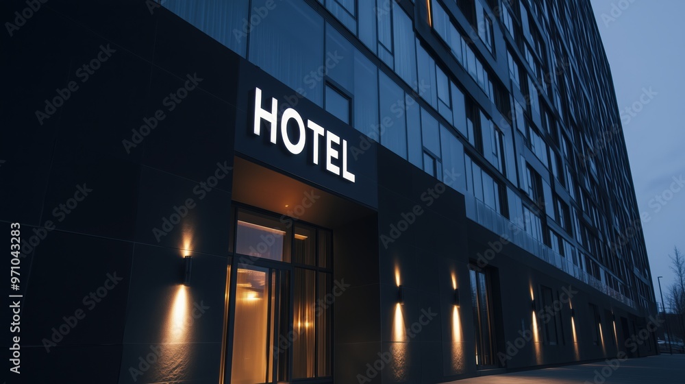 Obraz premium Modern luxury hotel facade at dusk with illuminated entrance for upscale accommodation