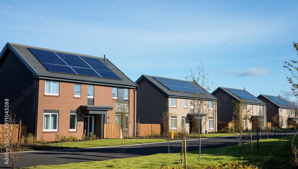 Modern housing development with solar panels for sustainable living Modern housing development with solar panels for sustainable living