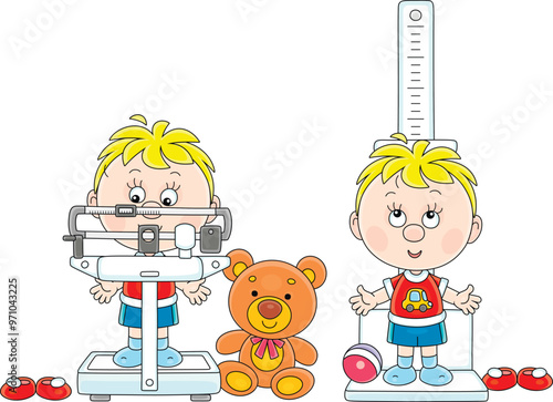 Little boy measuring height and weight during medical examination in a pediatric polyclinic, vector cartoon illustration isolated on a white background