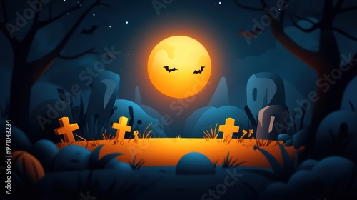 Mysterious graveyard scene under a full moon, featuring spooky trees, bats, and glowing gravestones, perfect for Halloween themes.